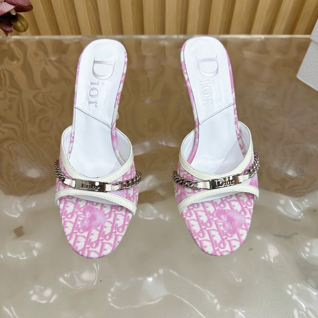 Pre-Order | Pink Patterned Slip-On Heels with Chain Detail