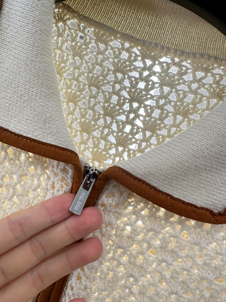 Pre-Order | Crochet Knit Zip Jacket with Contrast Trim – Cream