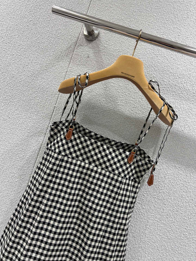 Gingham Tie-Shoulder Mini Dress – Monochrome Check