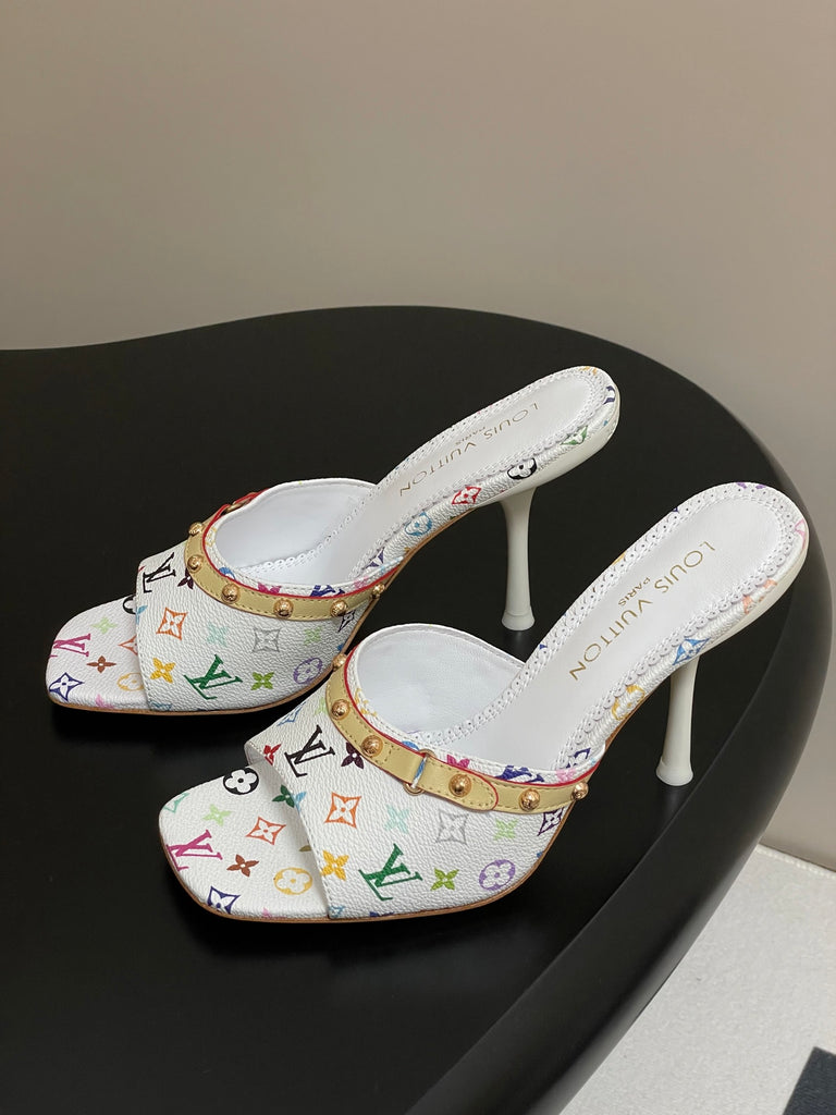 Pre-Order | Multicolour Print Studded Stiletto Sandals – White