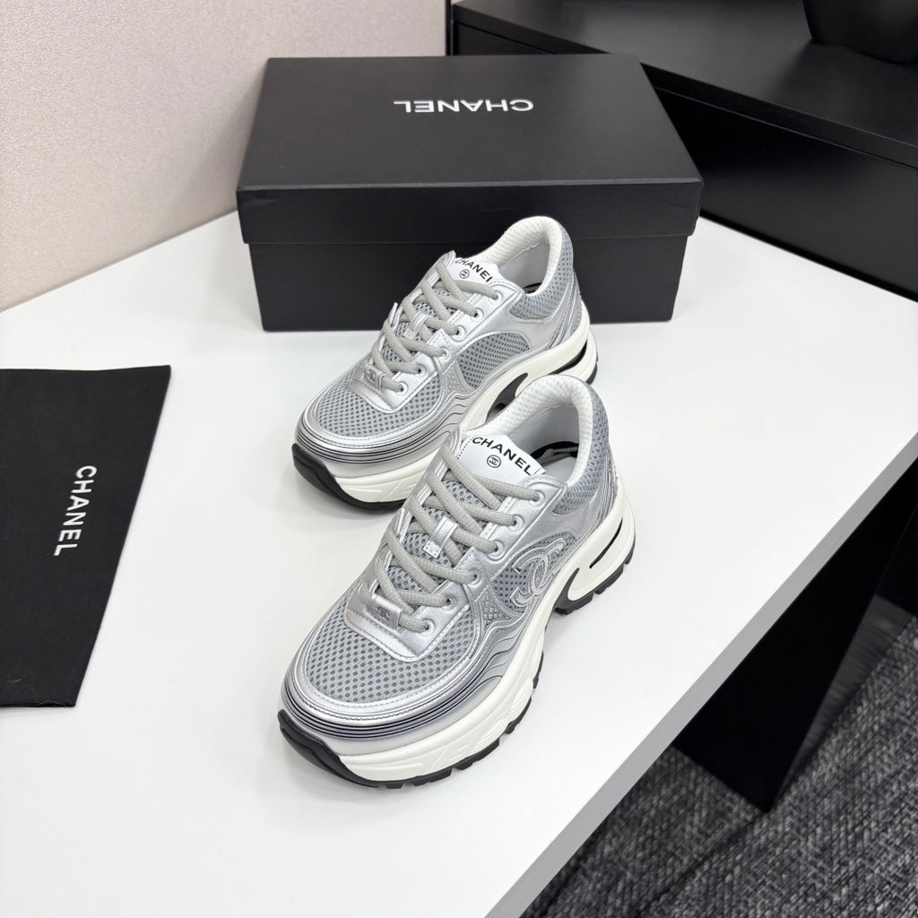 Pre-Order | Metallic Mesh Chunky Trainers – Silver