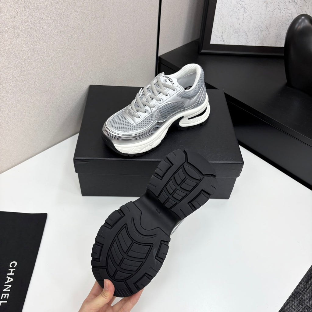 Pre-Order | Metallic Mesh Chunky Trainers – Silver