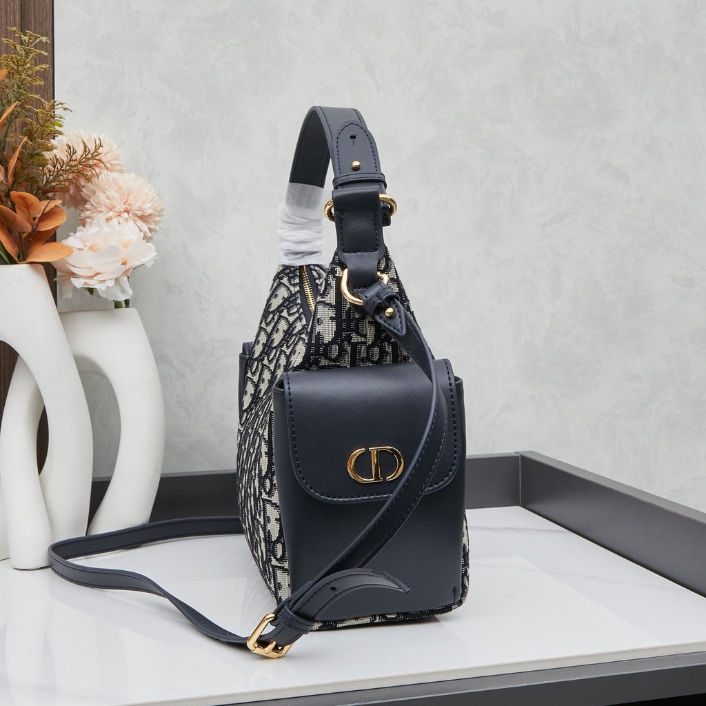 Pre-Order | Navy Patterned Shoulder Bag with Leather Trim
