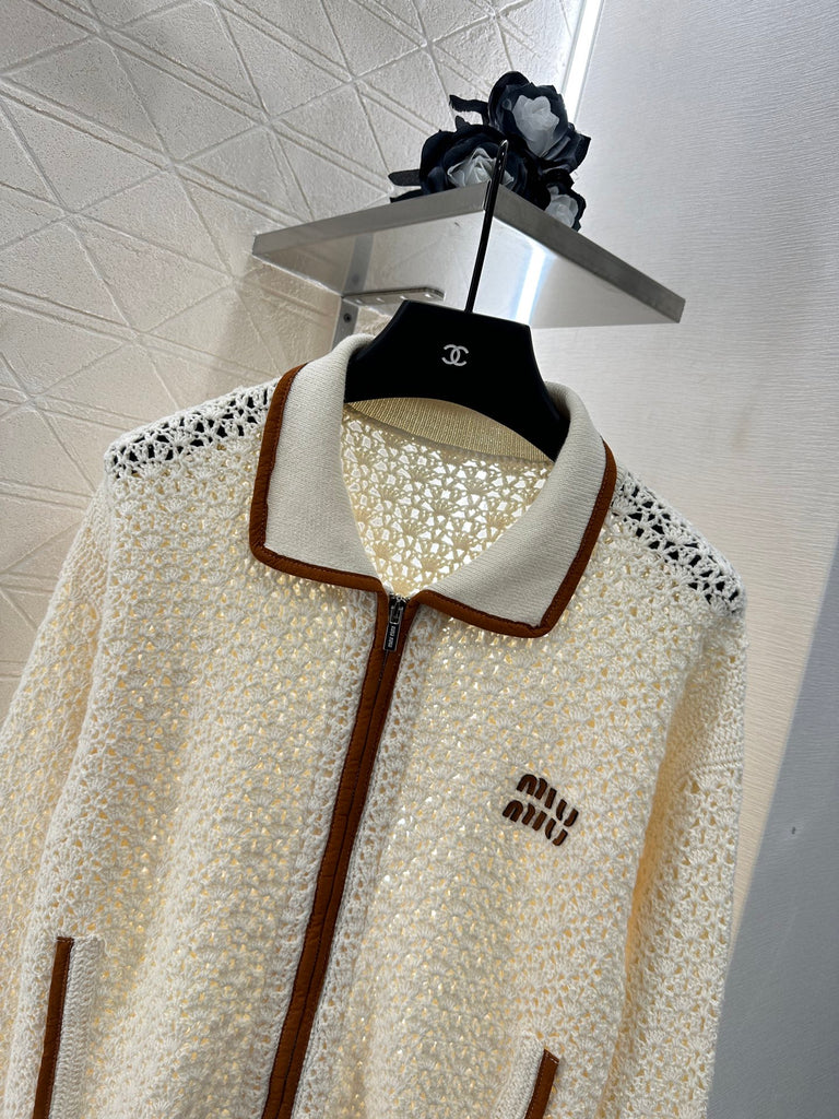 Pre-Order | Crochet Knit Zip Jacket with Contrast Trim – Cream