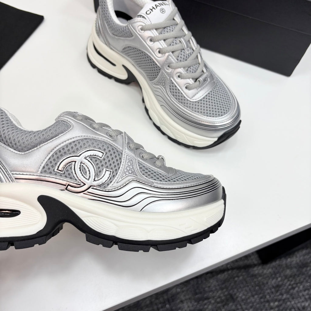 Pre-Order | Metallic Mesh Chunky Trainers – Silver
