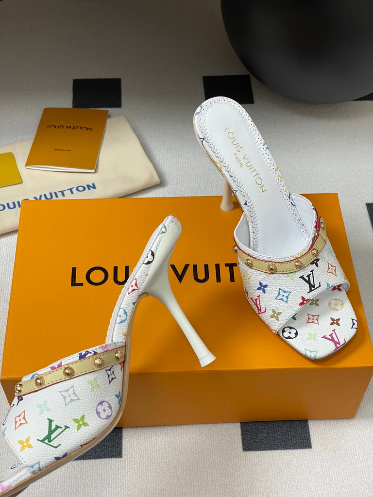 Pre-Order | Multicolour Print Studded Stiletto Sandals – White