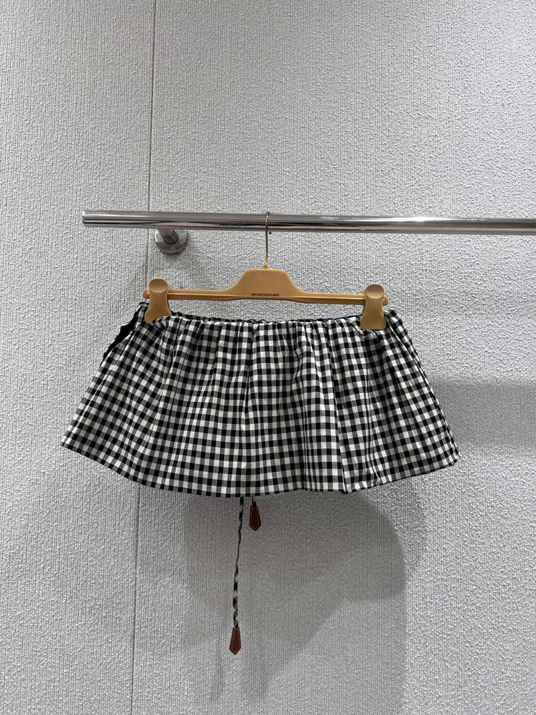 Gingham Drawstring Mini Skirt – Monochrome Check
