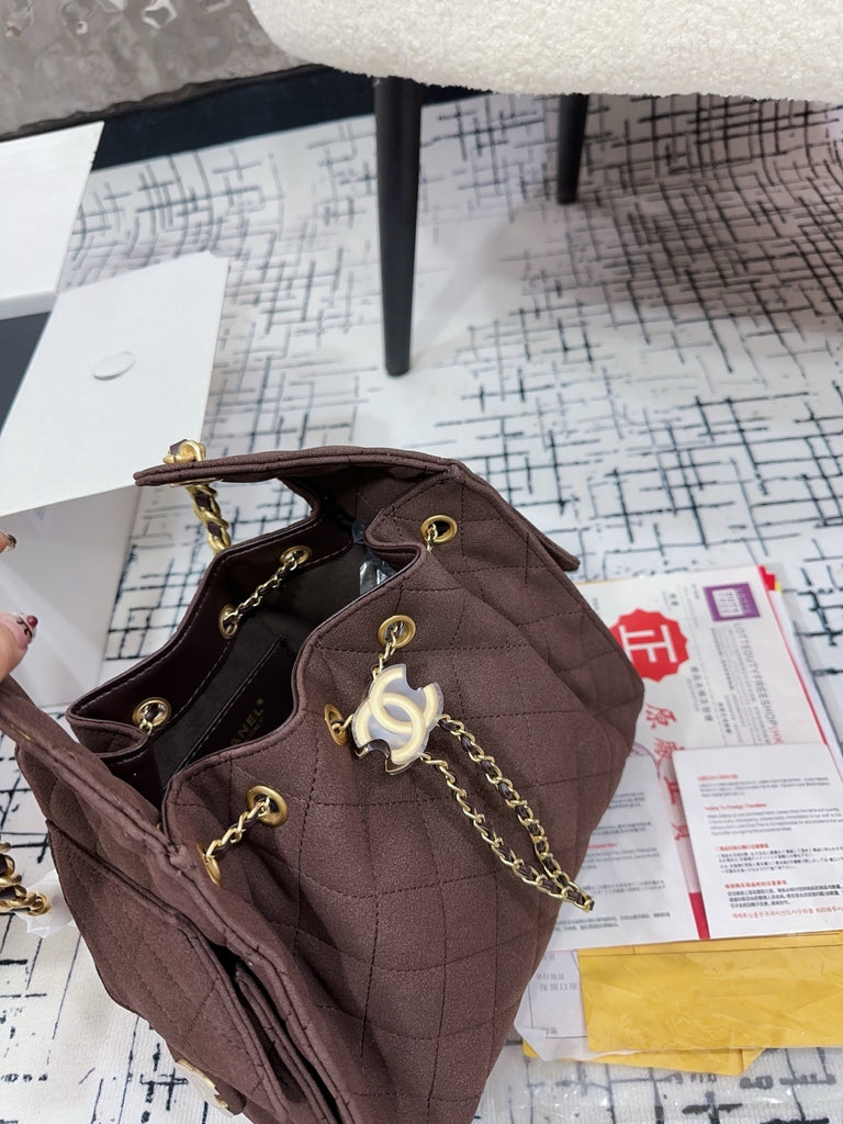 PRE ORDER Brown Quilted Drawstring Tote with Gold Hardware
