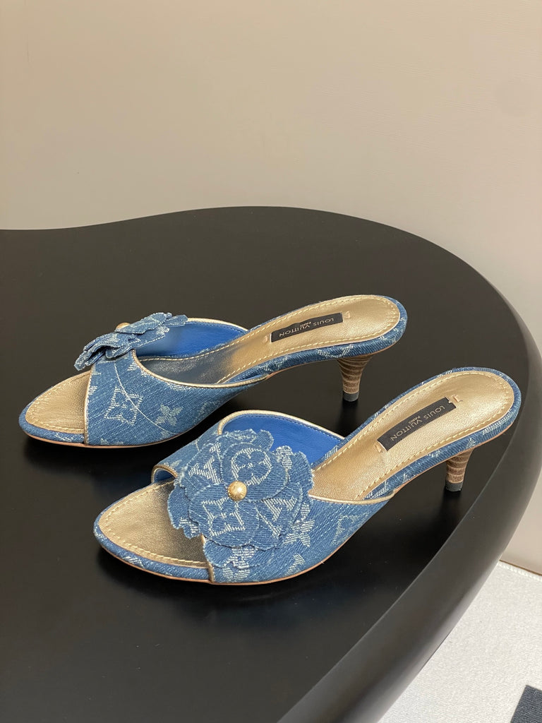 Pre-Order | Denim Floral Kitten Heel Sandals – Blue