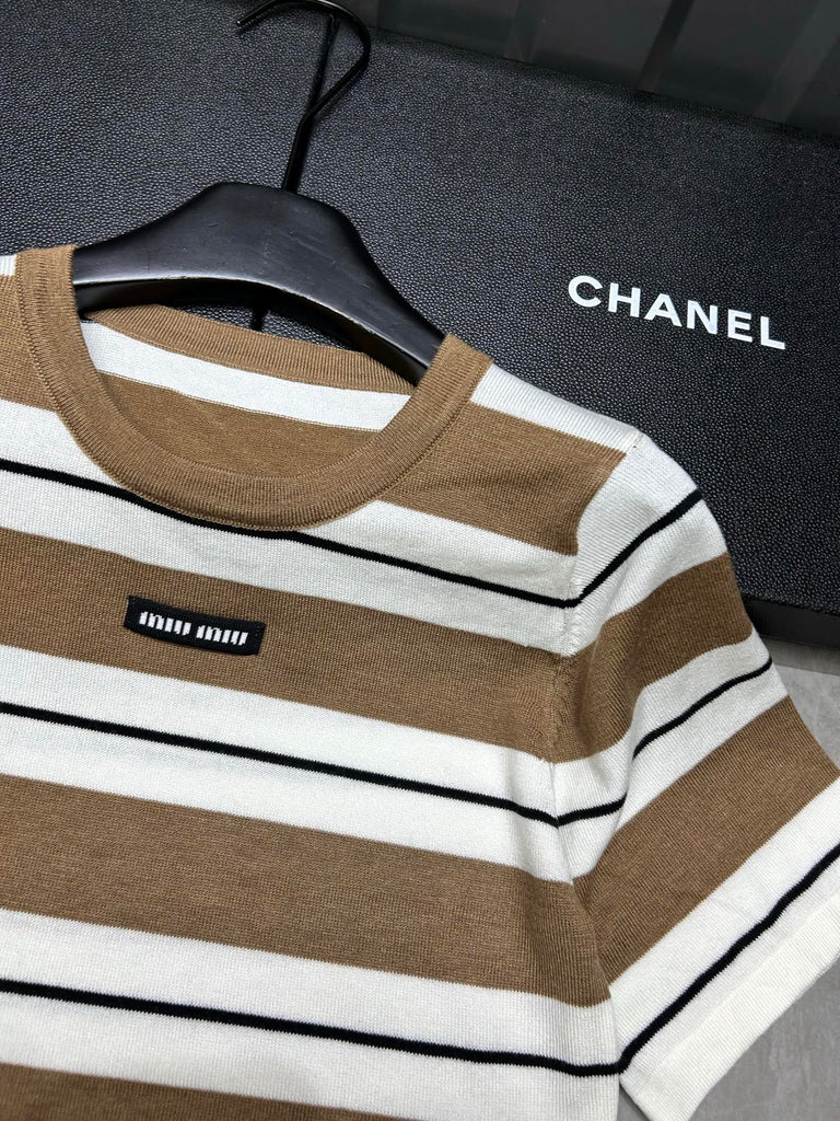 Pre-Order | Striped Knit Short Sleeve Top – Camel & Cream