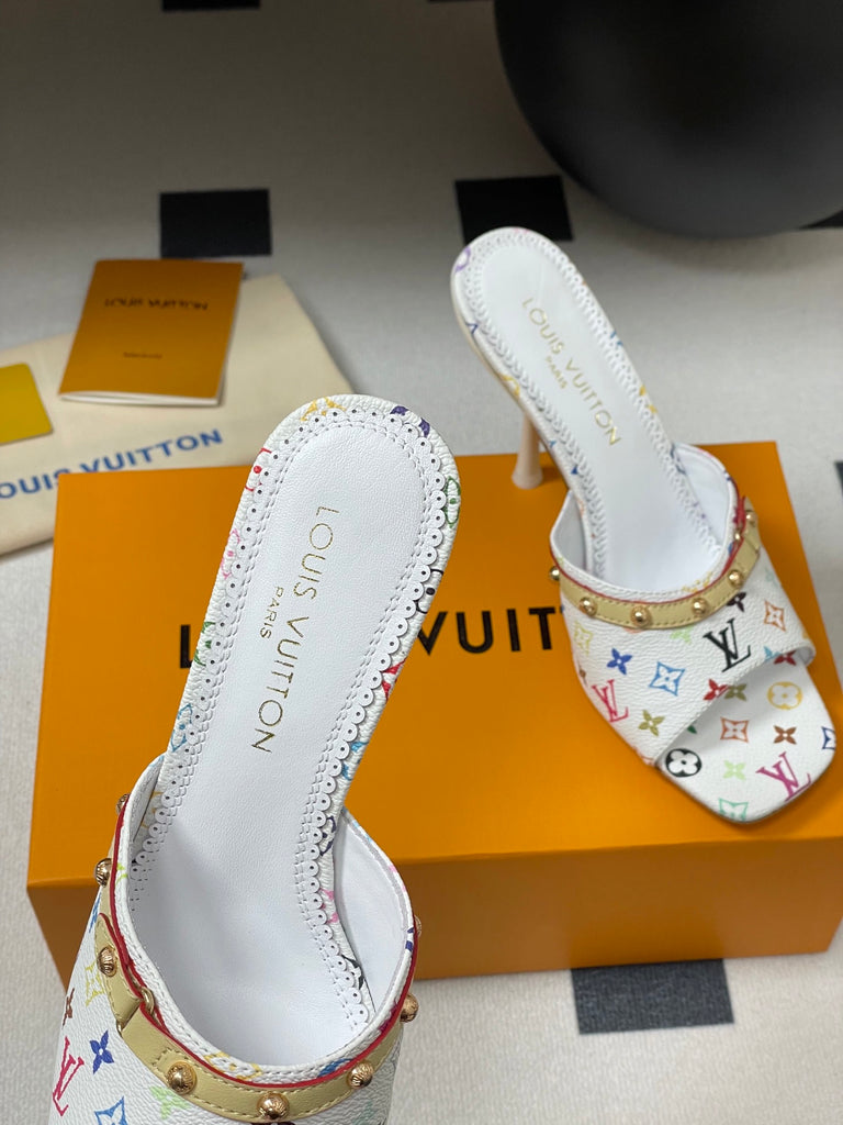 Pre-Order | Multicolour Print Studded Stiletto Sandals – White