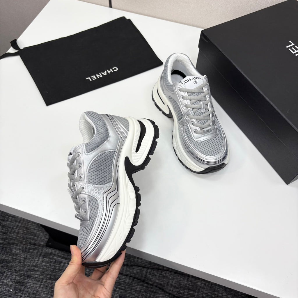 Pre-Order | Metallic Mesh Chunky Trainers – Silver