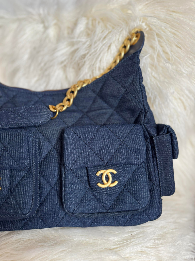 Large Denim and Gold Hardware Bag