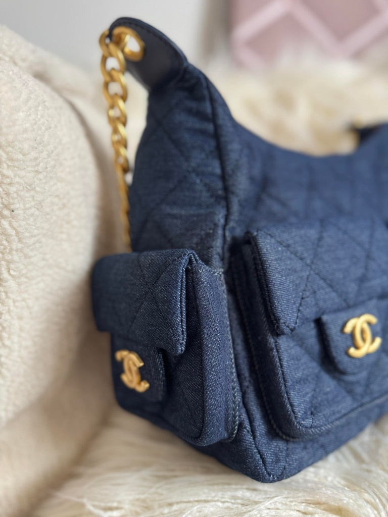 Large Denim and Gold Hardware Bag