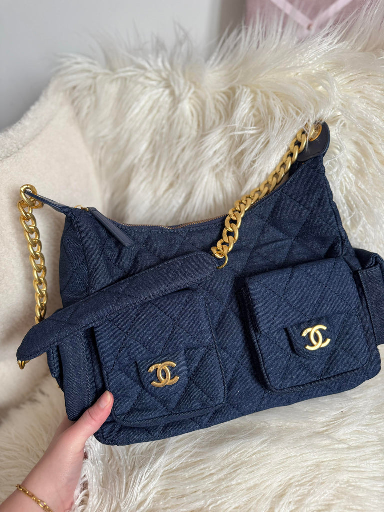 Large Denim and Gold Hardware Bag