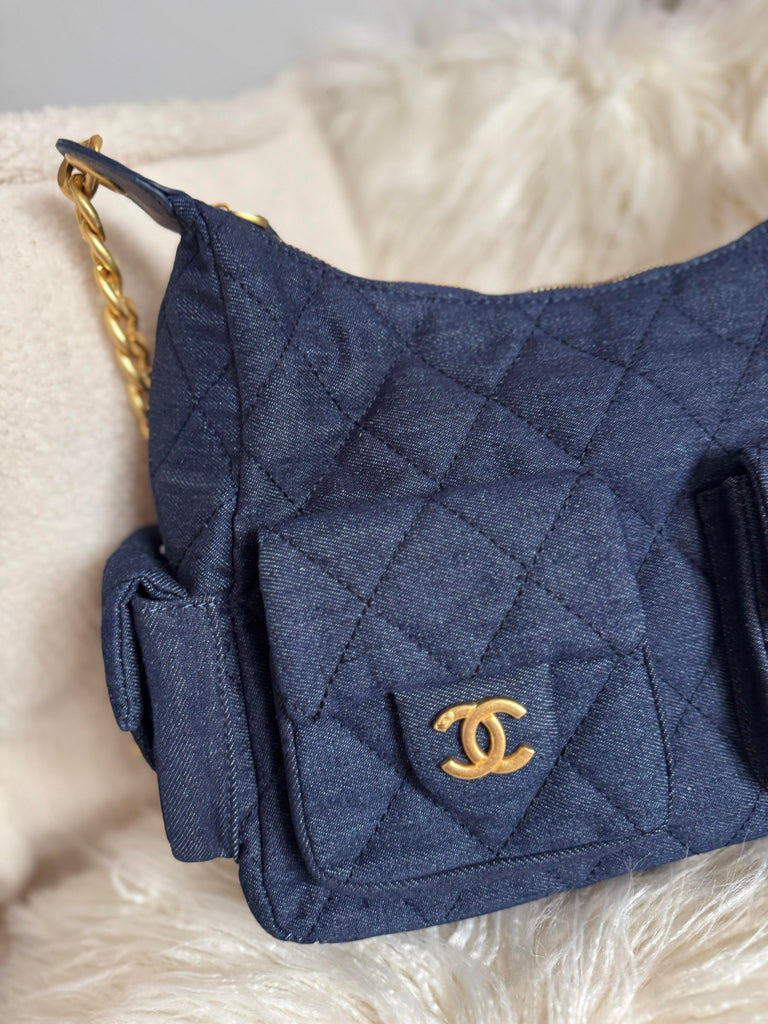 Large Denim and Gold Hardware Bag