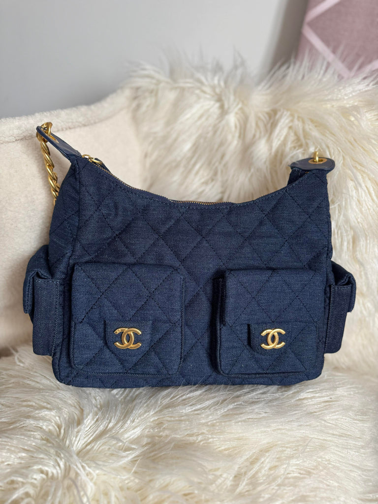 Large Denim and Gold Hardware Bag