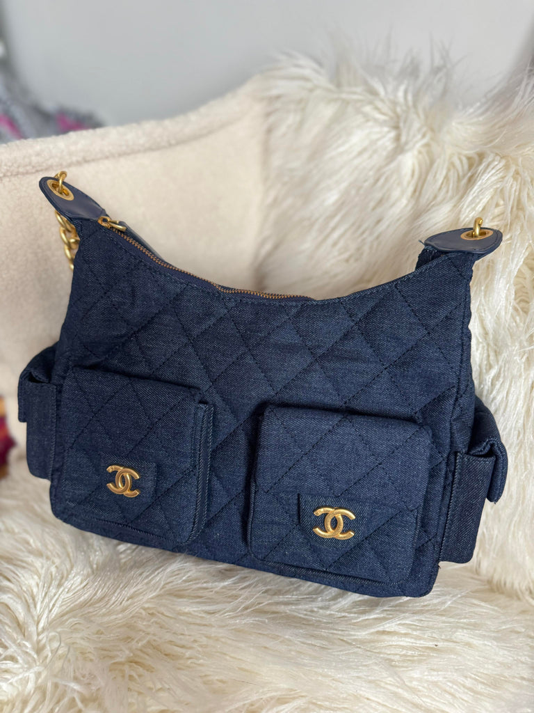 Large Denim and Gold Hardware Bag