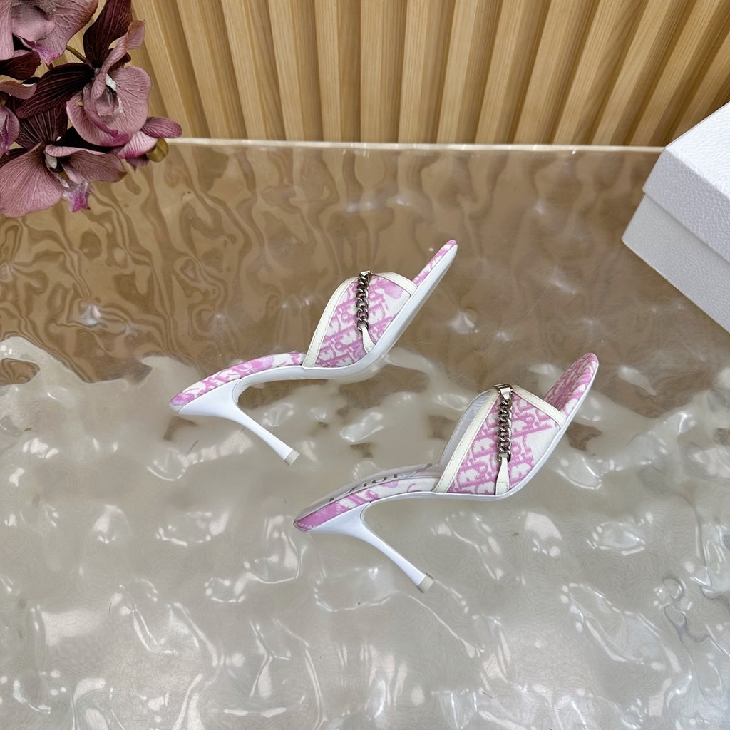Pre-Order | Pink Patterned Slip-On Heels with Chain Detail