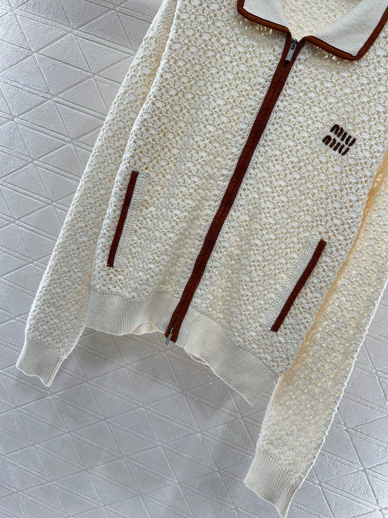 Pre-Order | Crochet Knit Zip Jacket with Contrast Trim – Cream