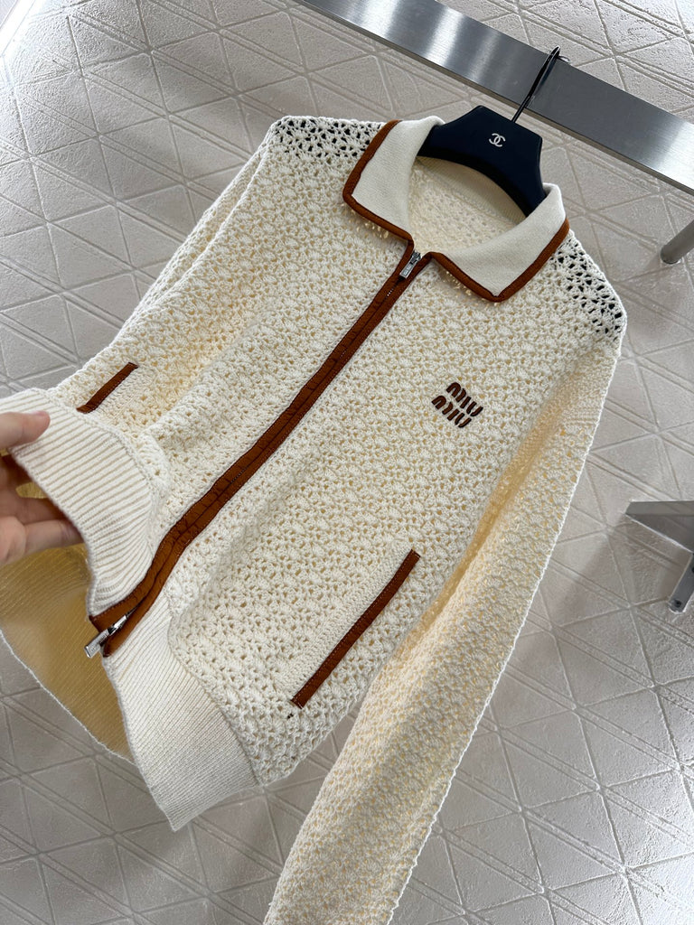 Pre-Order | Crochet Knit Zip Jacket with Contrast Trim – Cream