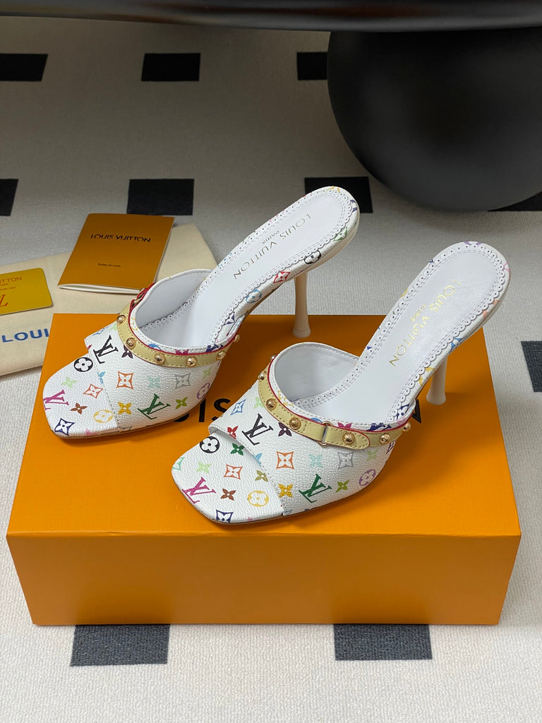 Pre-Order | Multicolour Print Studded Stiletto Sandals – White