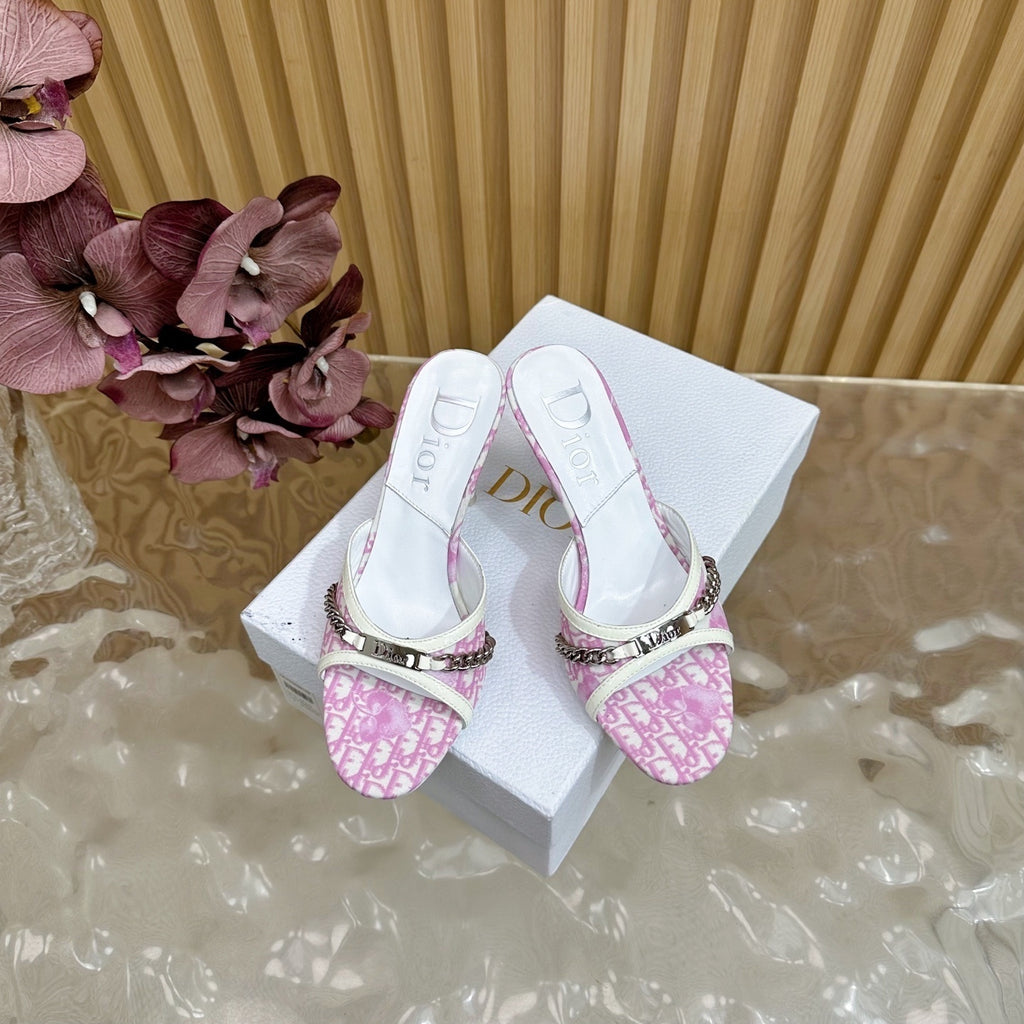 Pre-Order | Pink Patterned Slip-On Heels with Chain Detail