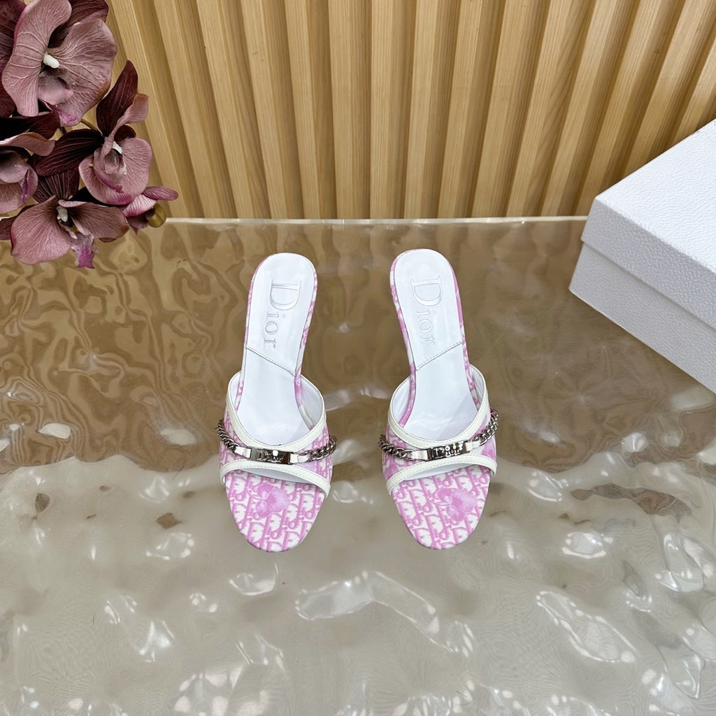 Pre-Order | Pink Patterned Slip-On Heels with Chain Detail