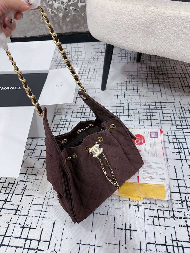 PRE ORDER Brown Quilted Drawstring Tote with Gold Hardware