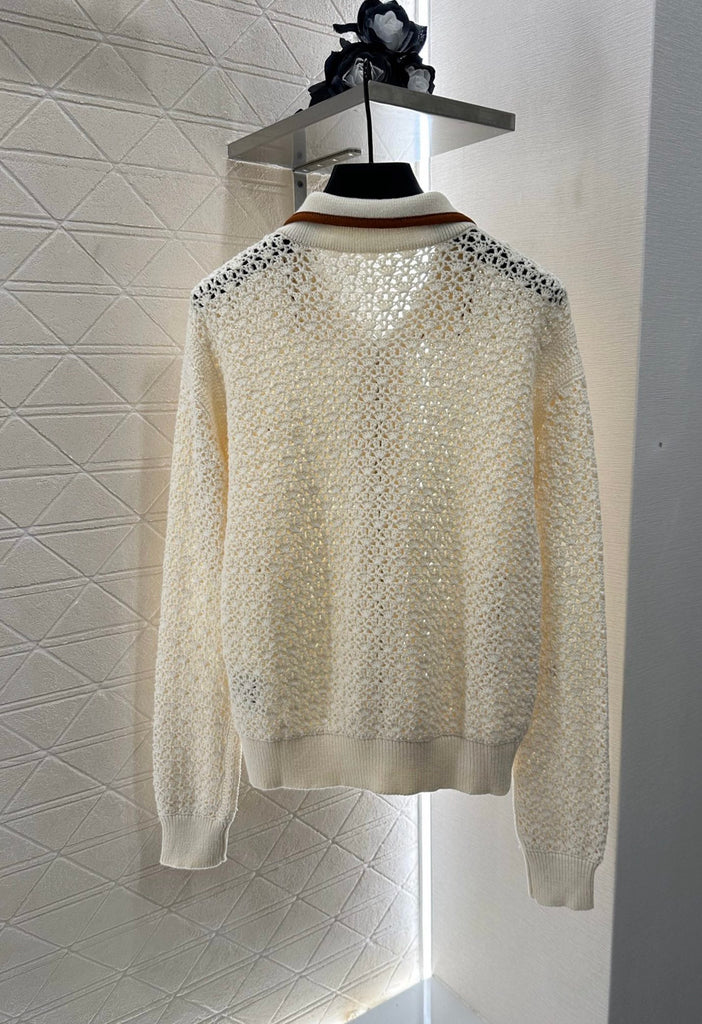 Pre-Order | Crochet Knit Zip Jacket with Contrast Trim – Cream