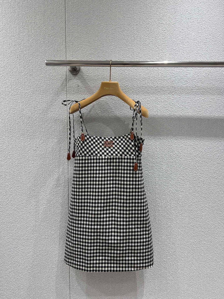 Gingham Tie-Shoulder Mini Dress – Monochrome Check