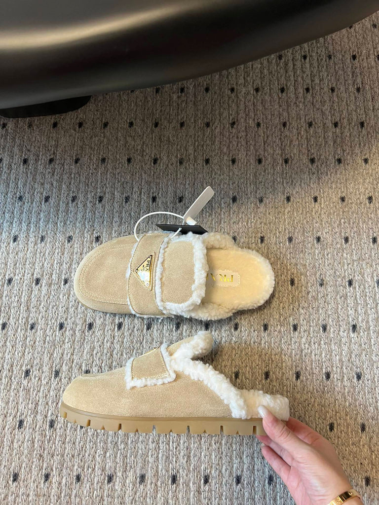 PRE ORDER Beige Suede Shearling Slippers