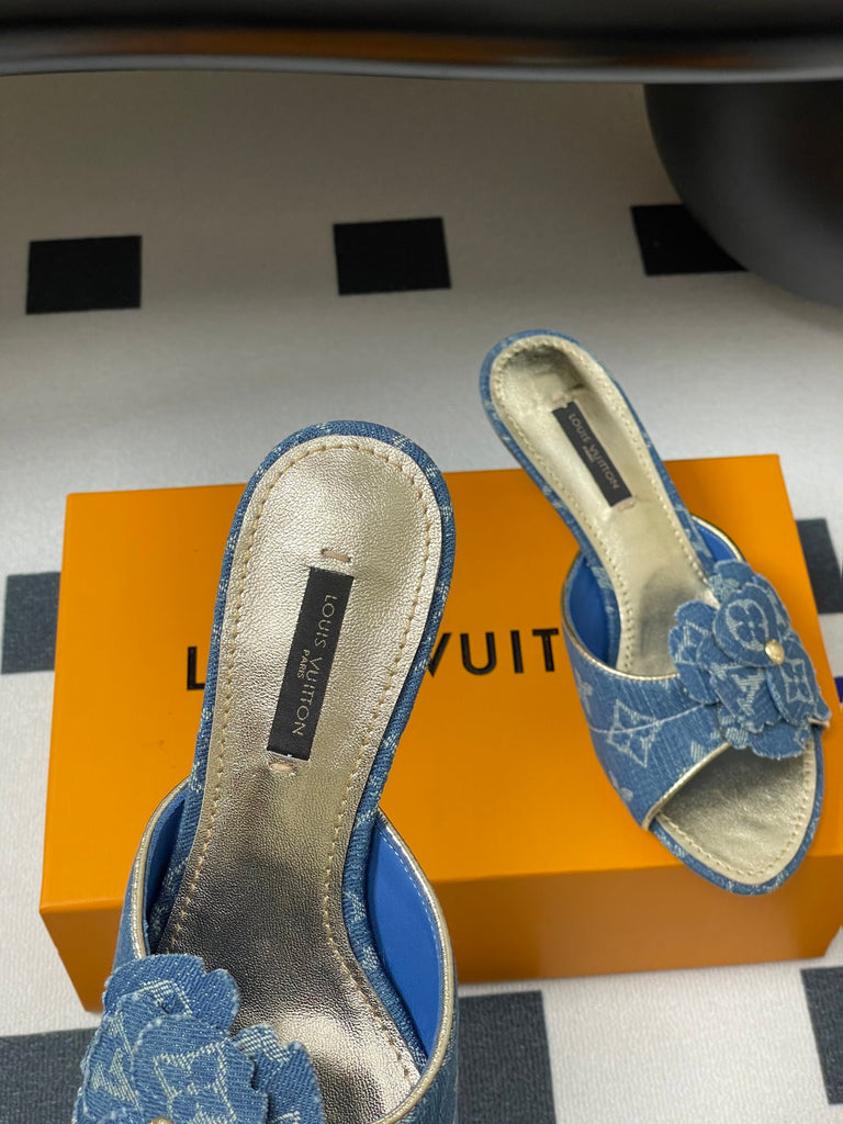 Pre-Order | Denim Floral Kitten Heel Sandals – Blue