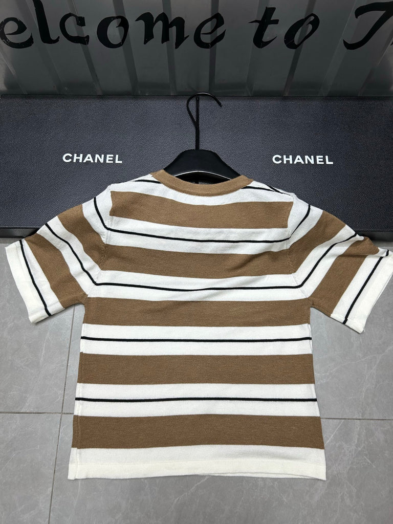 Pre-Order | Striped Knit Short Sleeve Top – Camel & Cream