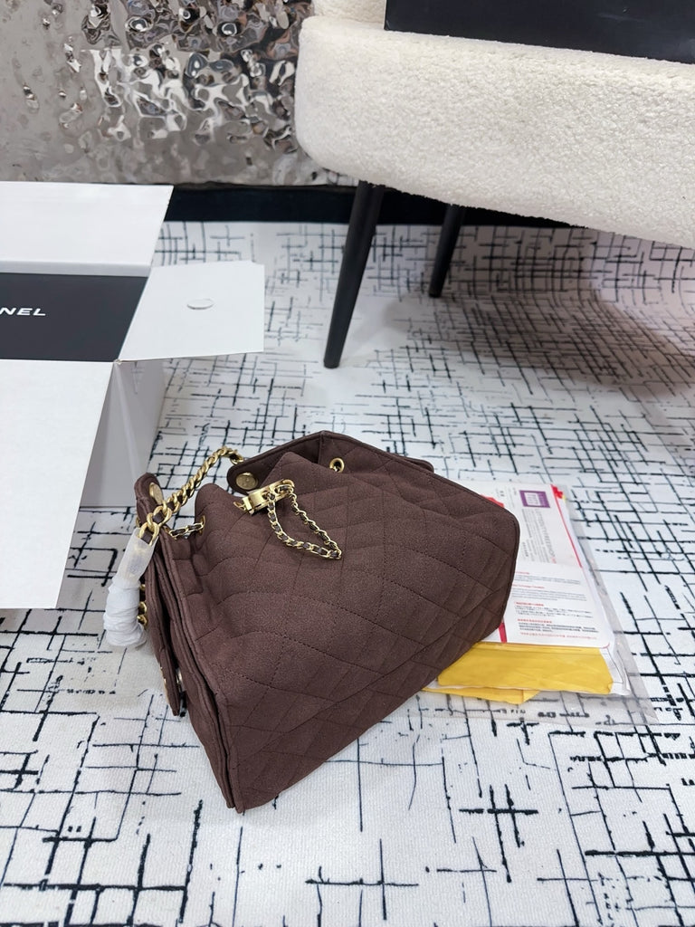 PRE ORDER Brown Quilted Drawstring Tote with Gold Hardware