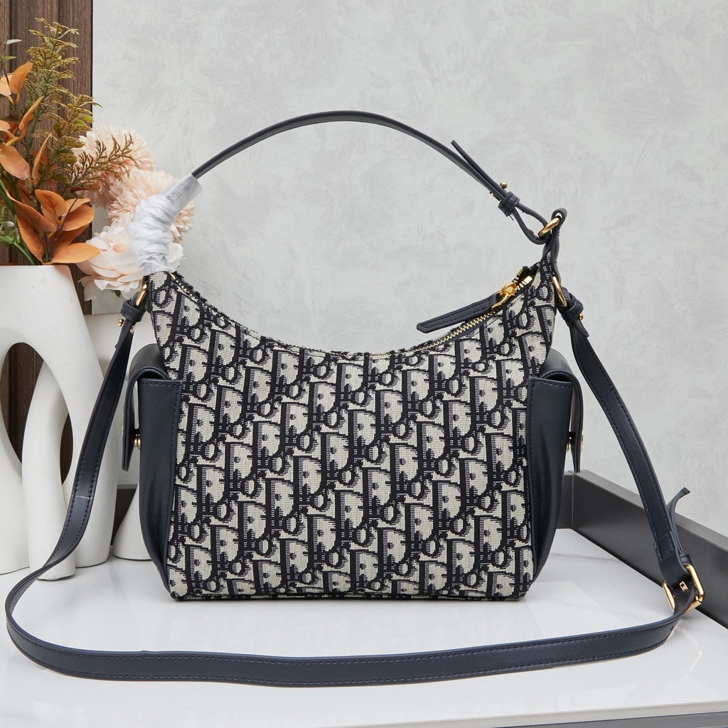 Pre-Order | Navy Patterned Shoulder Bag with Leather Trim