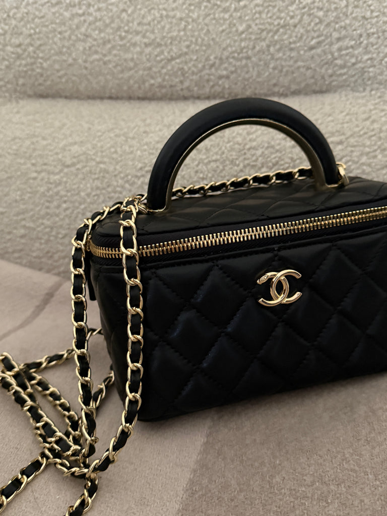 Black Quilted Vanity Bag with Gold Hardware