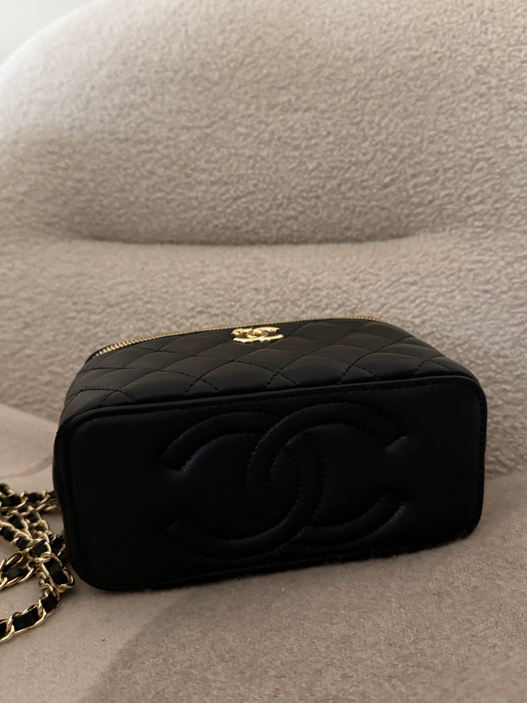 Black Quilted Vanity Bag with Gold Hardware