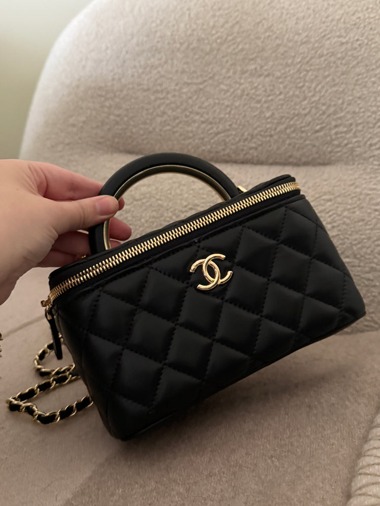 Black Quilted Vanity Bag with Gold Hardware