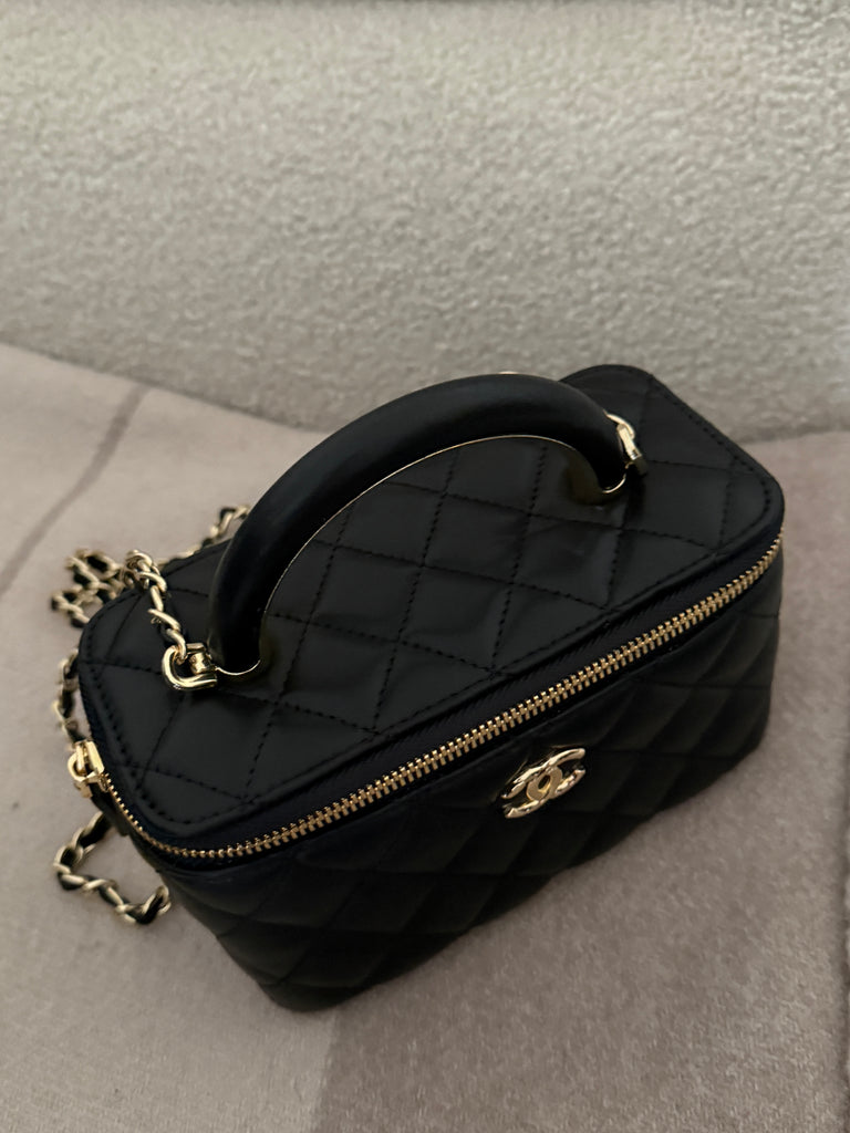 Black Quilted Vanity Bag with Gold Hardware