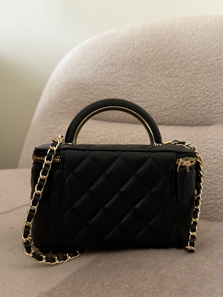 Black Quilted Vanity Bag with Gold Hardware