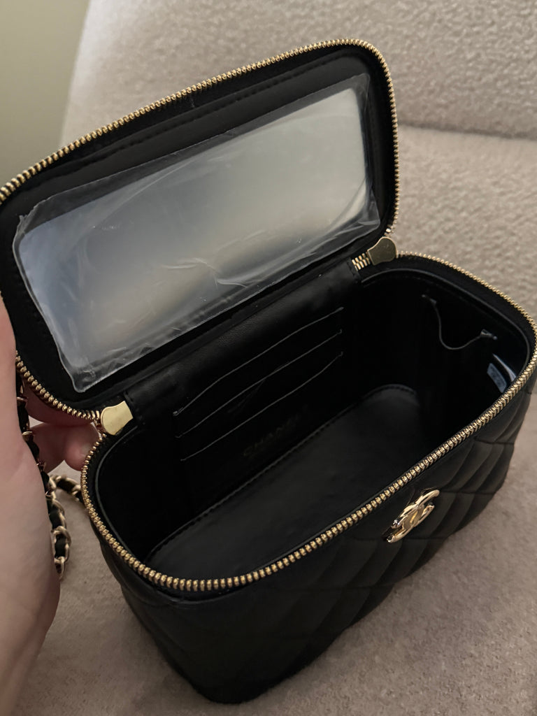 Black Quilted Vanity Bag with Gold Hardware