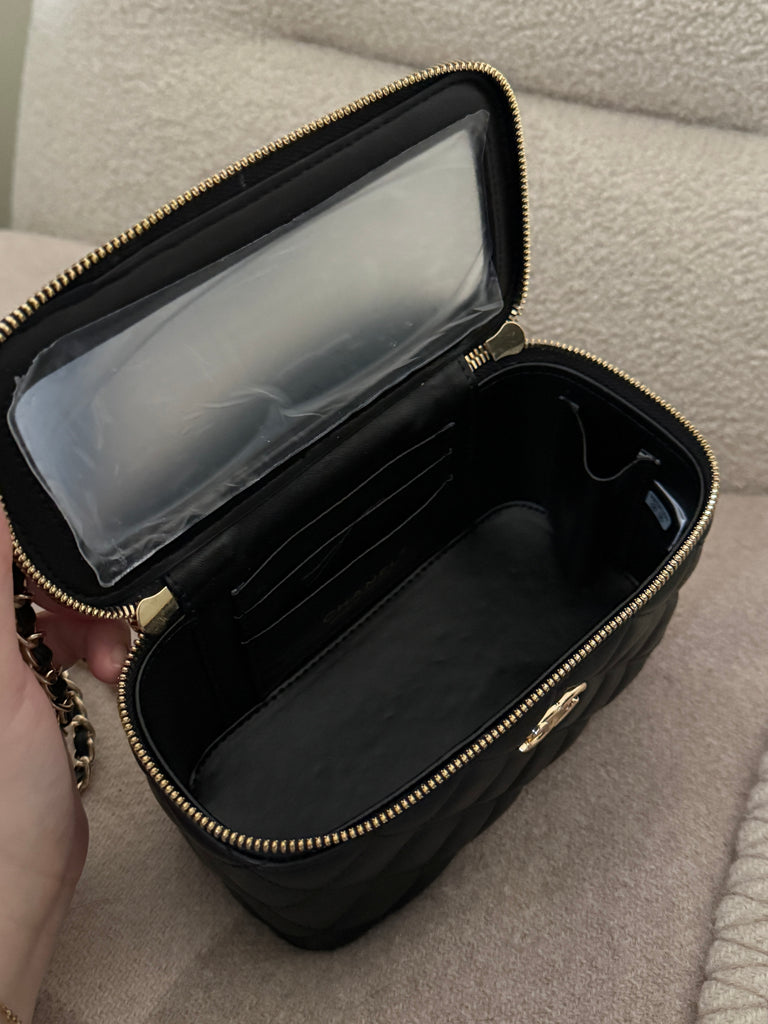 Black Quilted Vanity Bag with Gold Hardware