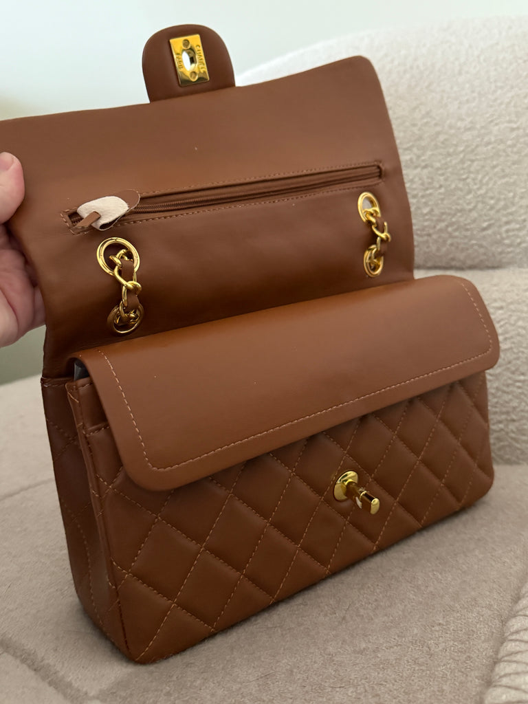 Brown Flap Bag with Gold Hardware