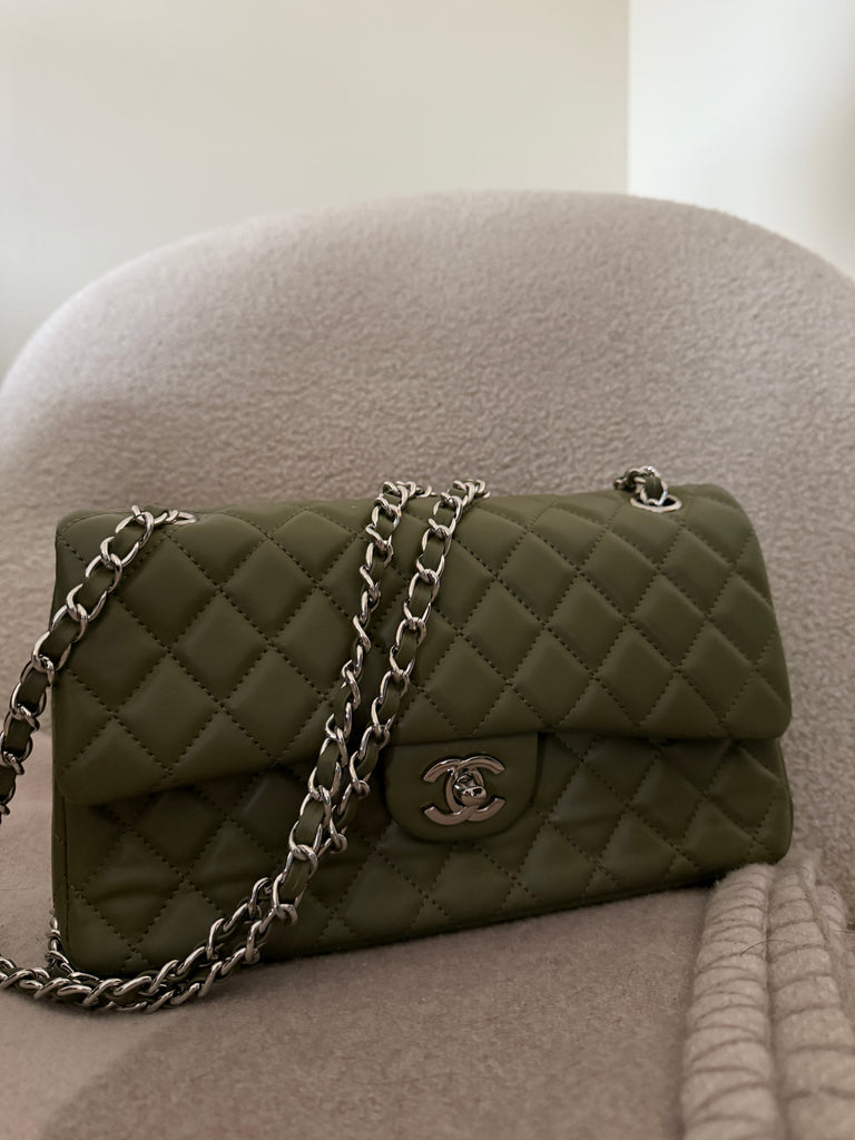 Olive Flap Bag with Silver Hardware