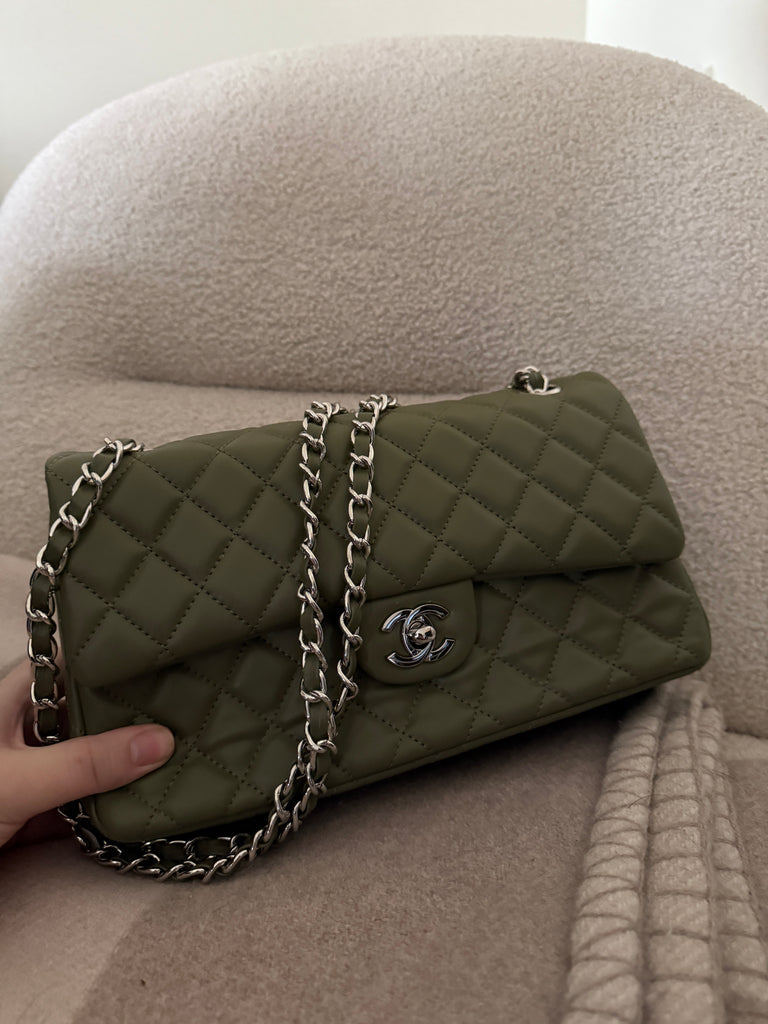 Olive Flap Bag with Silver Hardware