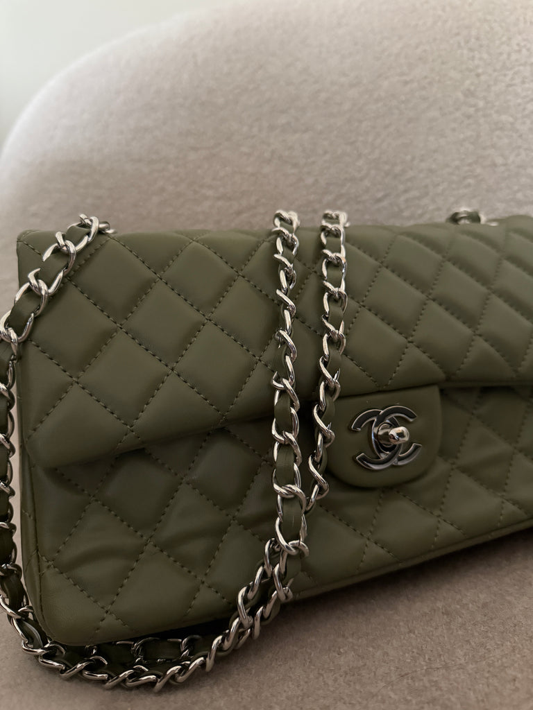 Olive Flap Bag with Silver Hardware