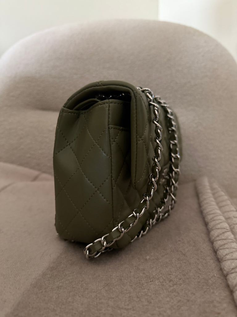 Olive Flap Bag with Silver Hardware