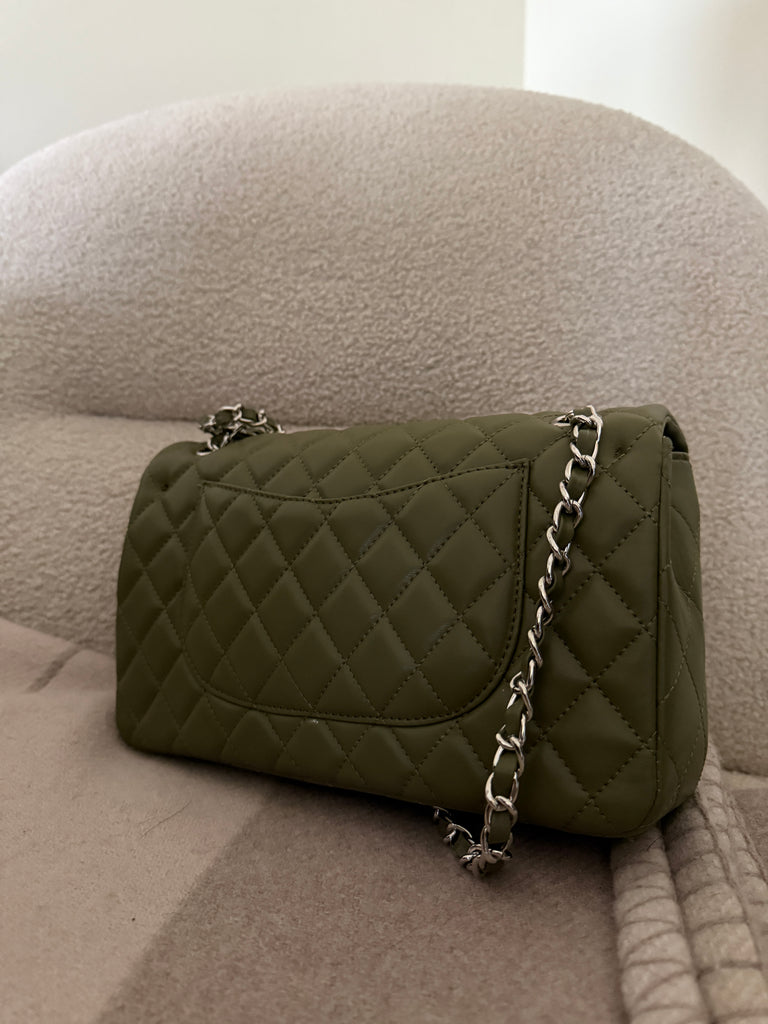Olive Flap Bag with Silver Hardware
