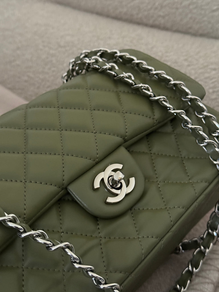 Olive Flap Bag with Silver Hardware
